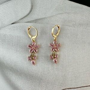 Pink Crystal Flower Dangle Drop Earrings for Women